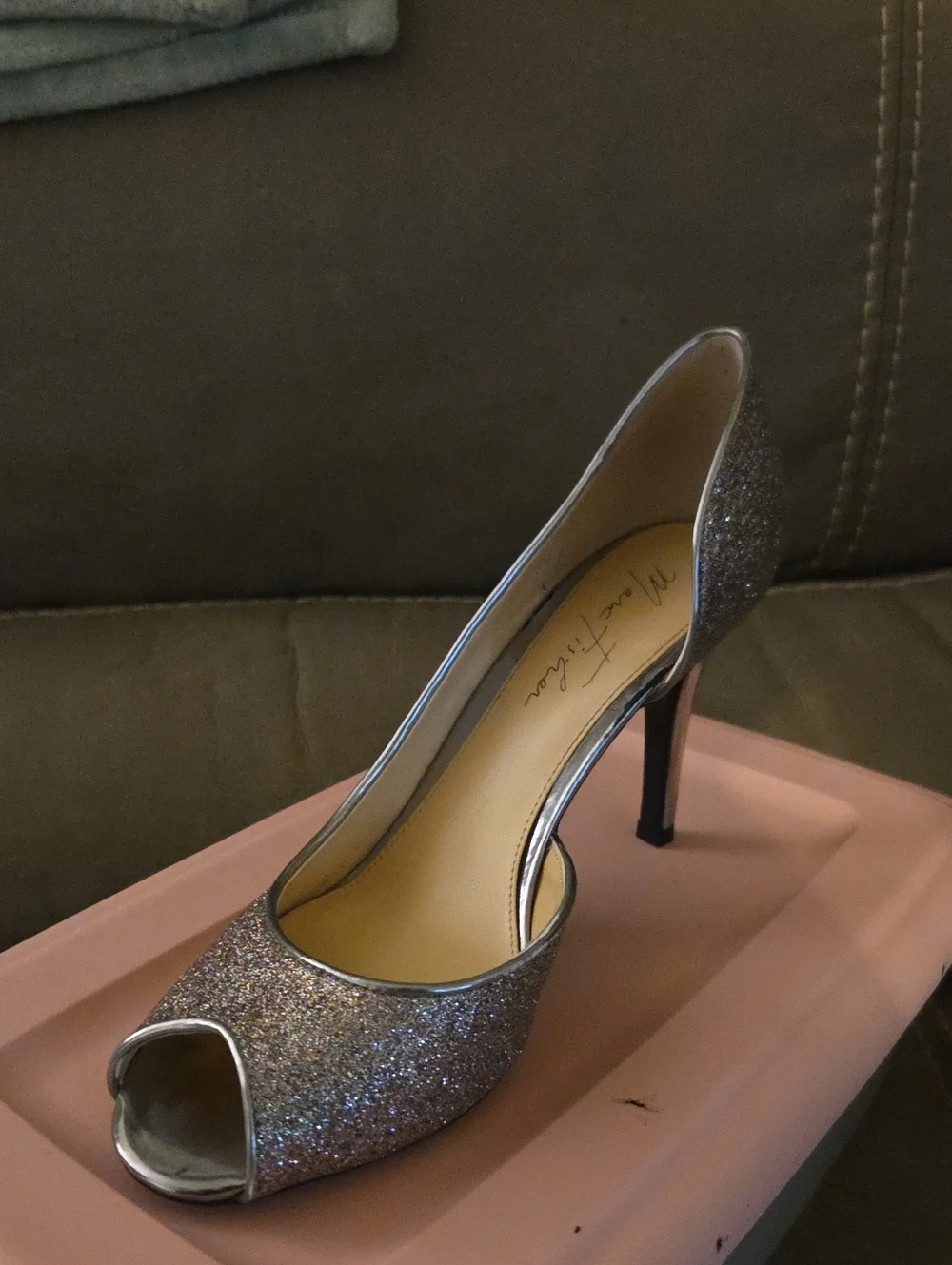 Marc Fisher Gold Glitter Peep-Toe Stiletto Heels